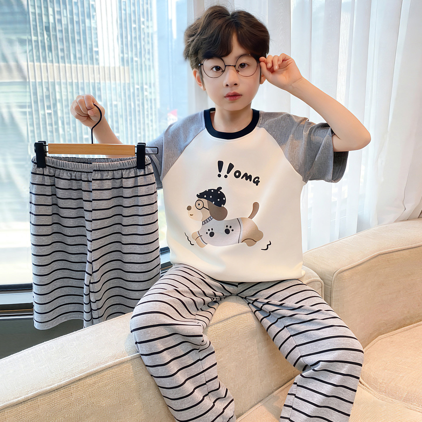 男童短袖纯棉睡衣儿童夏季薄款三件套可爱腊肠狗中大童家居服套装