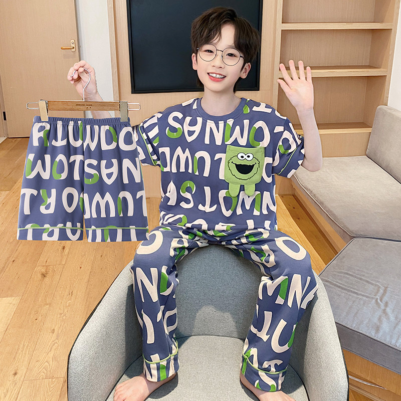 2026新款夏季儿童睡衣男童短袖长裤纯棉三件套中大童款家居服套装
