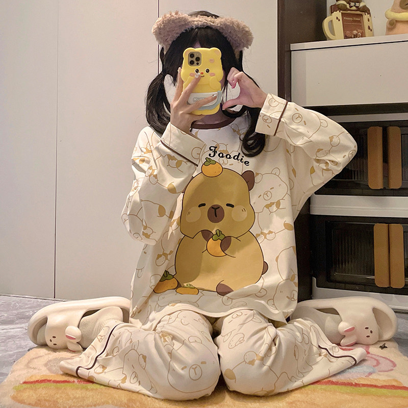 女童睡衣2026春秋季新款长袖纯棉初中生卡皮巴拉女大童家居服套装