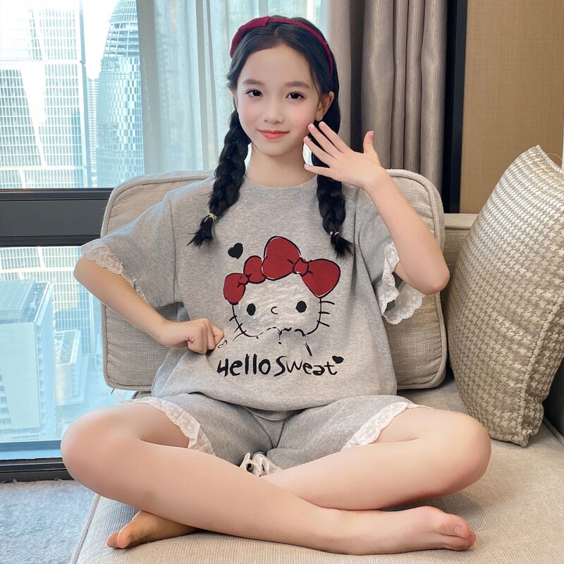 儿童睡衣女童夏季新款纯棉薄款短袖短裤圆领卡通中大童家居服套装