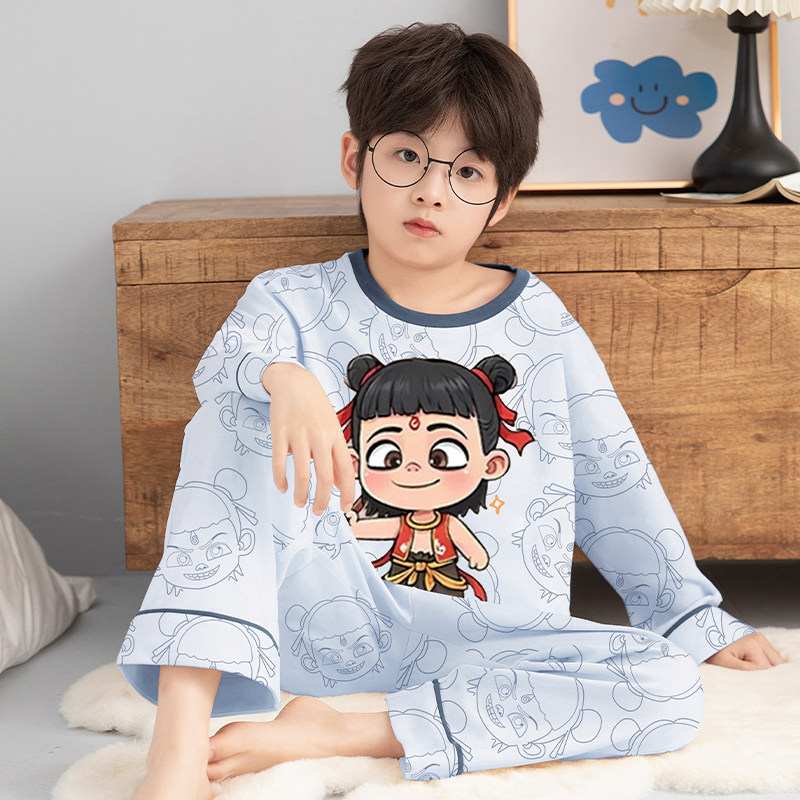 纯棉男童睡衣圆领春秋季新款中大童男孩长袖哪吒套头款家居服套装