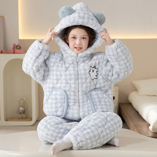 女童睡衣三层夹棉保暖加厚珊瑚绒冬季中大童女孩家居服套装可外穿