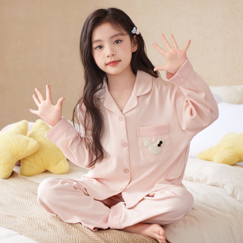 女童睡衣春秋季长袖纯棉新款家居服翻领款中大童休闲卡通儿童套装