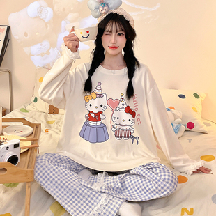 女童睡衣2026春秋季新款纯棉初中生卡通KT猫套装女大童圆领家居服