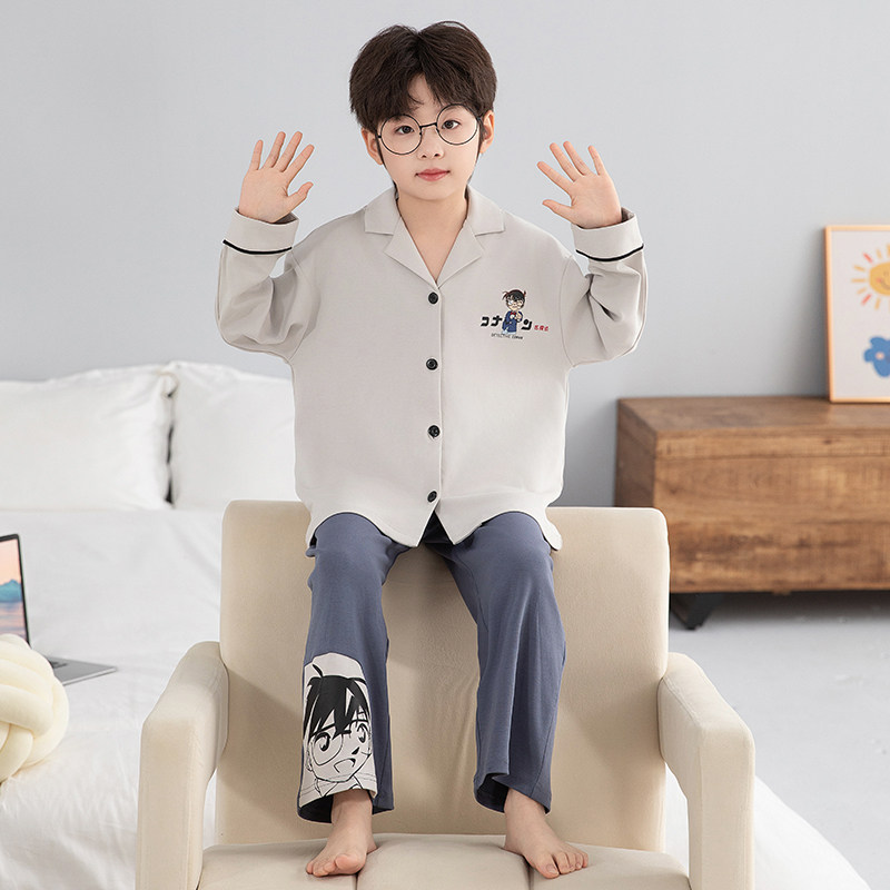 男童睡衣2026春秋新款纯棉中大童男孩翻领开衫长袖柯南家居服套装