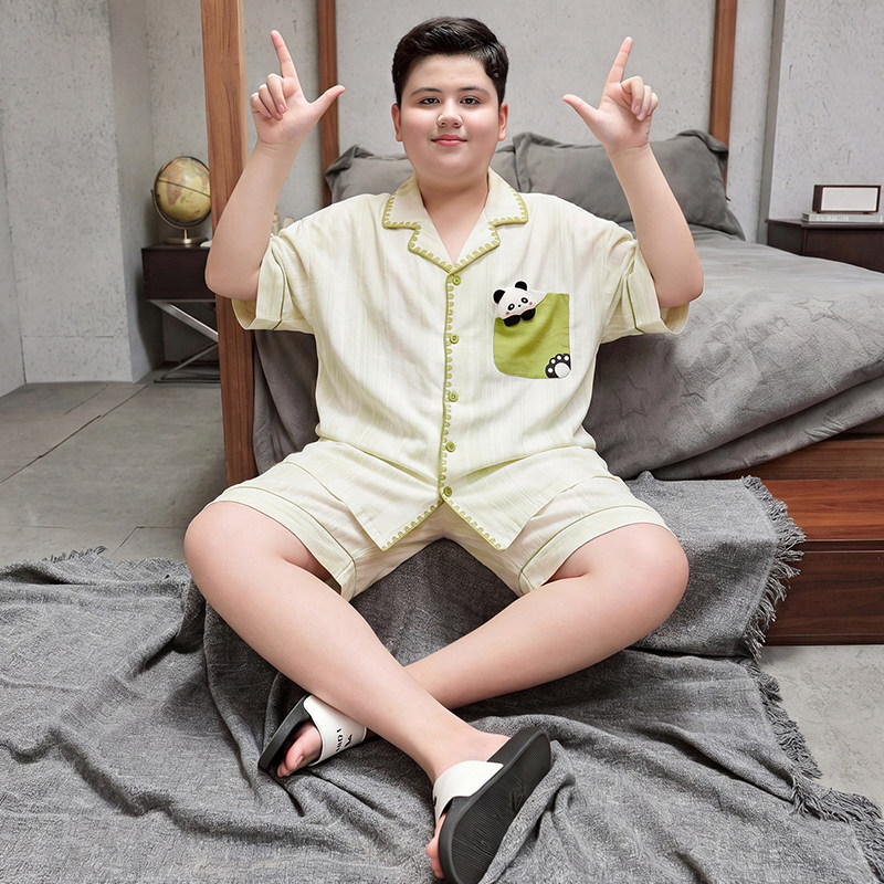 夏季男童睡衣加肥加大码胖童纯棉短袖青少年睡衣套装中大童家居服