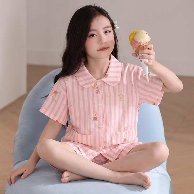 女童睡衣2026夏季新款纯棉短袖薄款棉纱6-12岁休闲女孩家居服套装