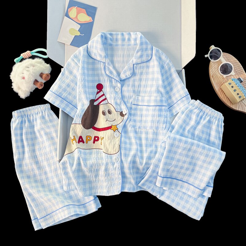 女童睡衣夏季新款中大童云朵棉短袖三件套蓝小狗空调服家居服套装