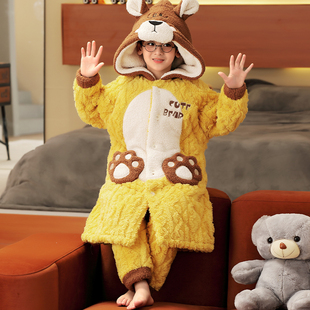 男童睡衣三层夹棉加厚儿童冬季珊瑚绒可外穿男孩中长款家居服睡袍