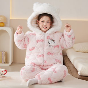 女童睡衣三层夹棉保暖加厚法兰绒冬季中大童女孩家居服套装可外穿