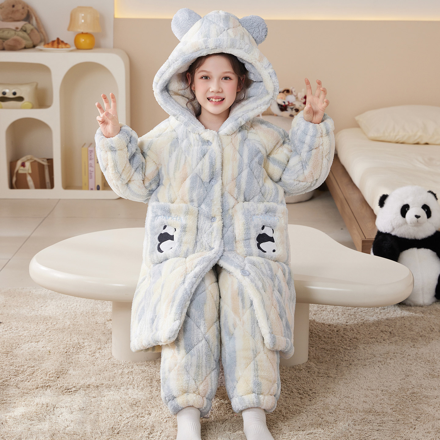 女童睡衣三层夹棉加厚睡袍珊瑚绒保暖中长款女孩家居服套装可外穿