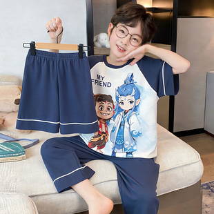 儿童睡衣夏天男童短袖纯棉空调服哪吒敖丙三件套中大童家居服套装