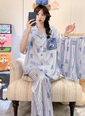 初中生夏季睡衣胖MM女童冰丝三件套空调服短袖女孩休闲家居服套装