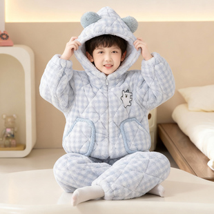 男童睡衣冬季新款加厚三层夹棉中大童珊瑚绒卡通家居服套装可外穿