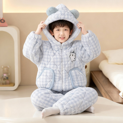 男童睡衣冬季新款加厚三层夹棉中大童珊瑚绒卡通家居服套装可外穿