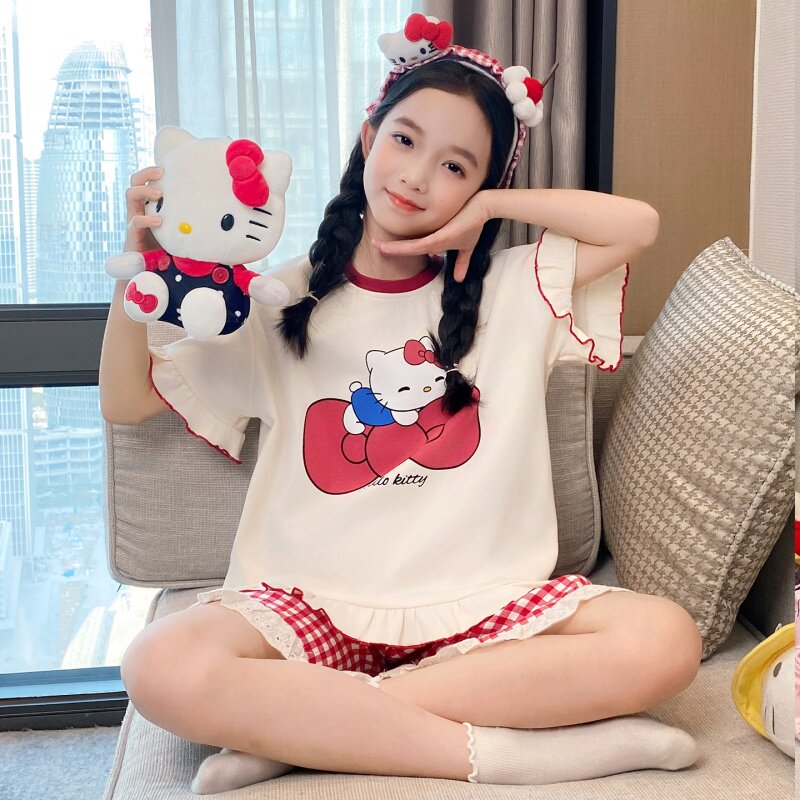 女童夏季新款纯棉睡衣儿童薄款短袖短裤圆领卡通中大童家居服套装