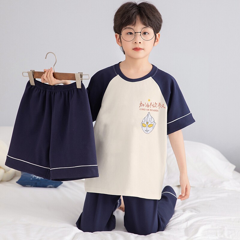 儿童夏季款睡衣男童纯棉三件套短袖薄款男孩中大童卡通家居服套装