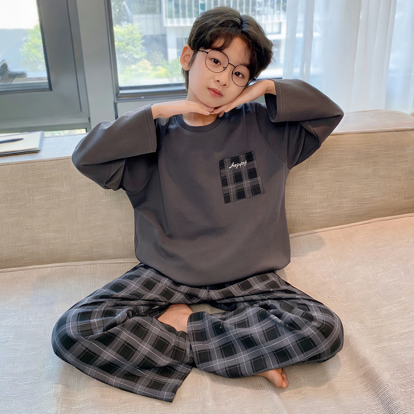 男童睡衣春秋季新款纯棉6-12岁男孩长袖圆领中大童卡通家居服套装