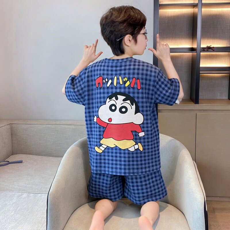 纯棉夏季男童睡衣新款套头休闲卡通短袖薄款6-12岁男孩家居服套装