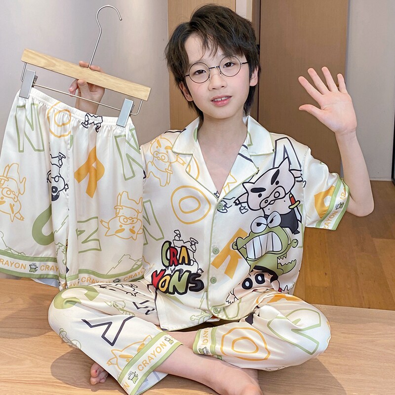 夏季冰丝男童睡衣凉感短袖儿童空调服男孩6-12岁三件套家居服套装