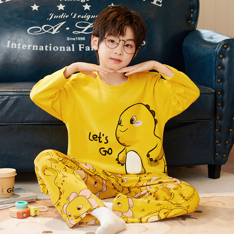 纯棉男童睡衣圆领春秋季新款中大童男孩长袖奶龙套头款家居服套装