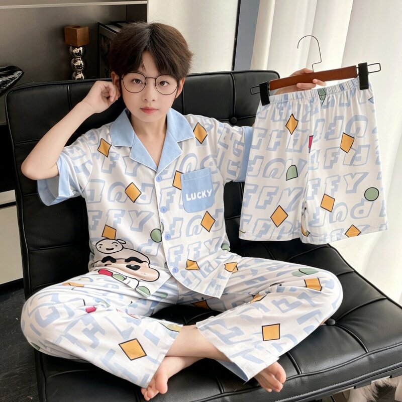 纯棉夏季男童睡衣翻领三件套休闲卡通短袖款男孩中大童家居服套装
