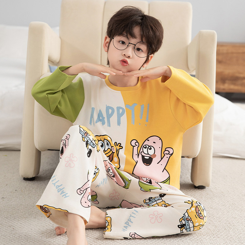 纯棉男童睡衣圆领春秋季新款中大童男孩长袖海绵宝宝款家居服套装