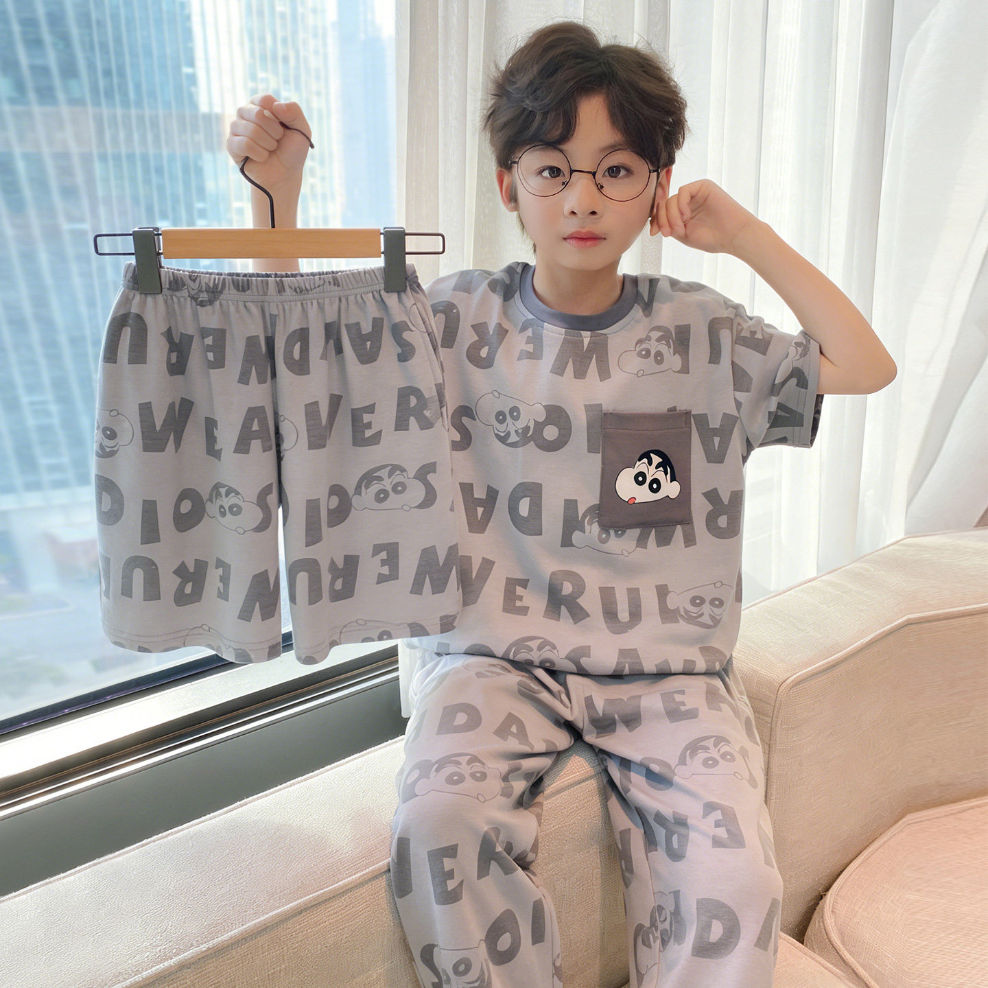 儿童新款睡衣夏天男童短袖纯棉薄款中大童三件套小学生家居服套装