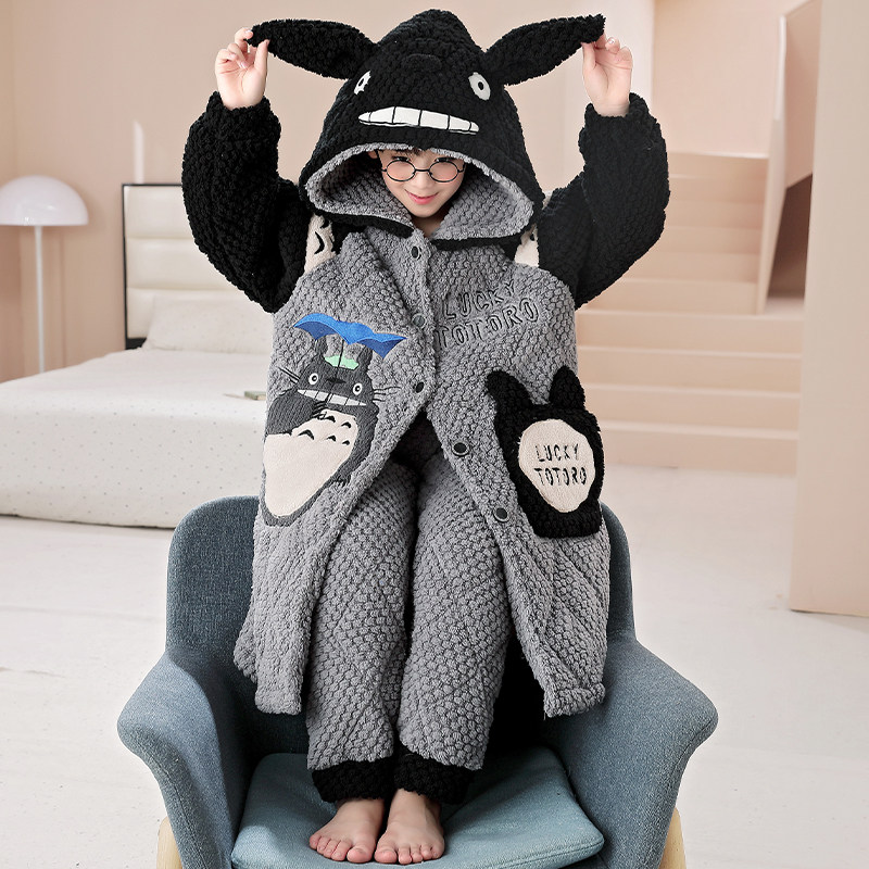 男童睡衣冬季三层夹棉加厚卡通珊瑚绒可外穿男孩中长款家居服睡袍