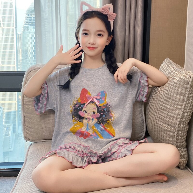 女童夏季睡衣新款女童短袖凉感莫代尔卡通6-12岁中大童家居服套装