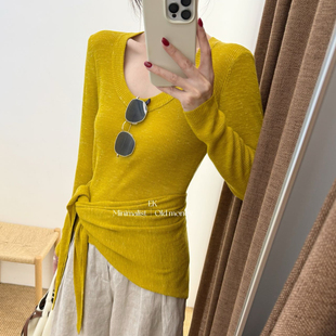 韩系幻彩亚麻锁骨U领修身显瘦气质简约时尚披肩屁帘两件套针织衫