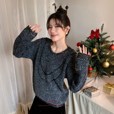 亮片闪闪钉珠羊毛衫时尚宽松毛衣