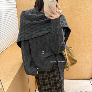 韩系老钱风麻花纹理圆领套头宽松休闲针织衫时尚披肩两件套毛衣女