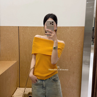 休闲气质华夫格时髦小衫 韩版 显瘦针织衫 一字领露肩修身 女 简约时尚