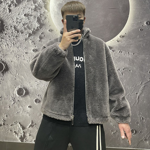 颗粒绒加厚皮毛一体外套男贴标羊剪绒皮草美式高街羊羔毛宽松夹克