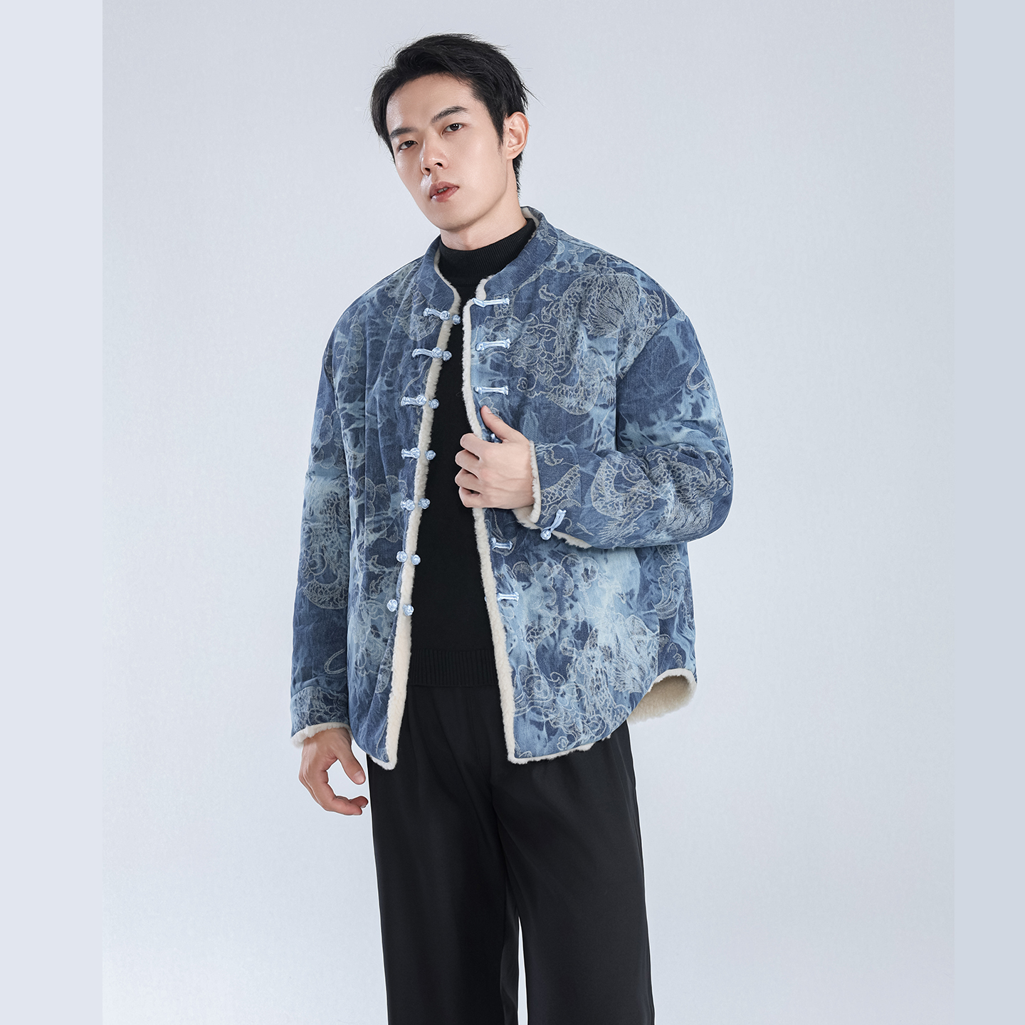 国风新中式两面穿衬衫外套男士颗粒绒羊羔毛皮草潮牌皮毛一体大衣