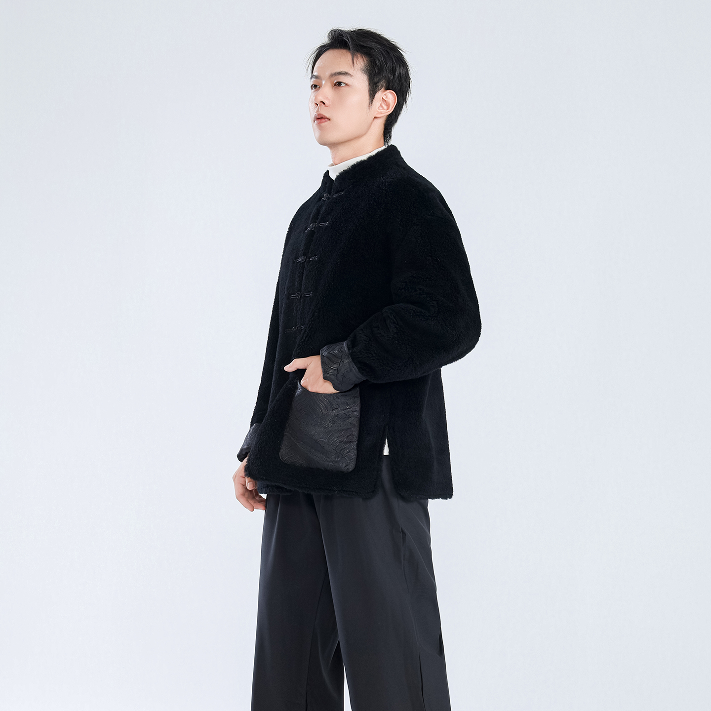 国风新中式羊羔绒皮草外套男