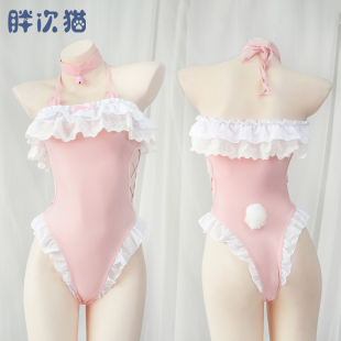 荷叶边连体私房泳衣 日系花边学生小兔子水着不带胸垫 写真泳装