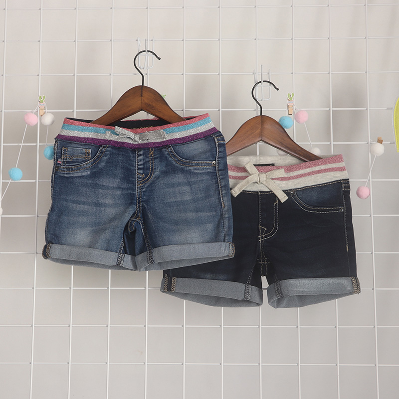 夏季薄款松紧腰修身卷边牛仔短裤