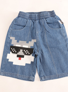 夏季新品童装 男童蓝色右边马赛克图案牛仔中裤宽松五分裤DD