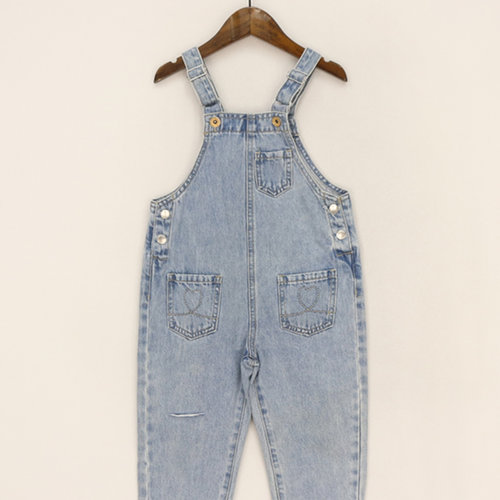 口袋黄线割破背带牛仔裤