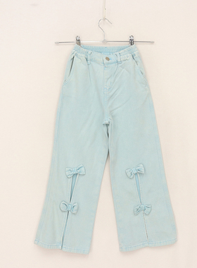 内销春秋款童装   女童后松紧腰开叉立体蝴蝶结纯棉牛仔微喇裤 DD