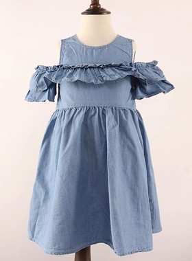 B女童夏季薄款 天丝收腰连衣裙胸前荷叶边露肩款公主裙 D1C-4-2