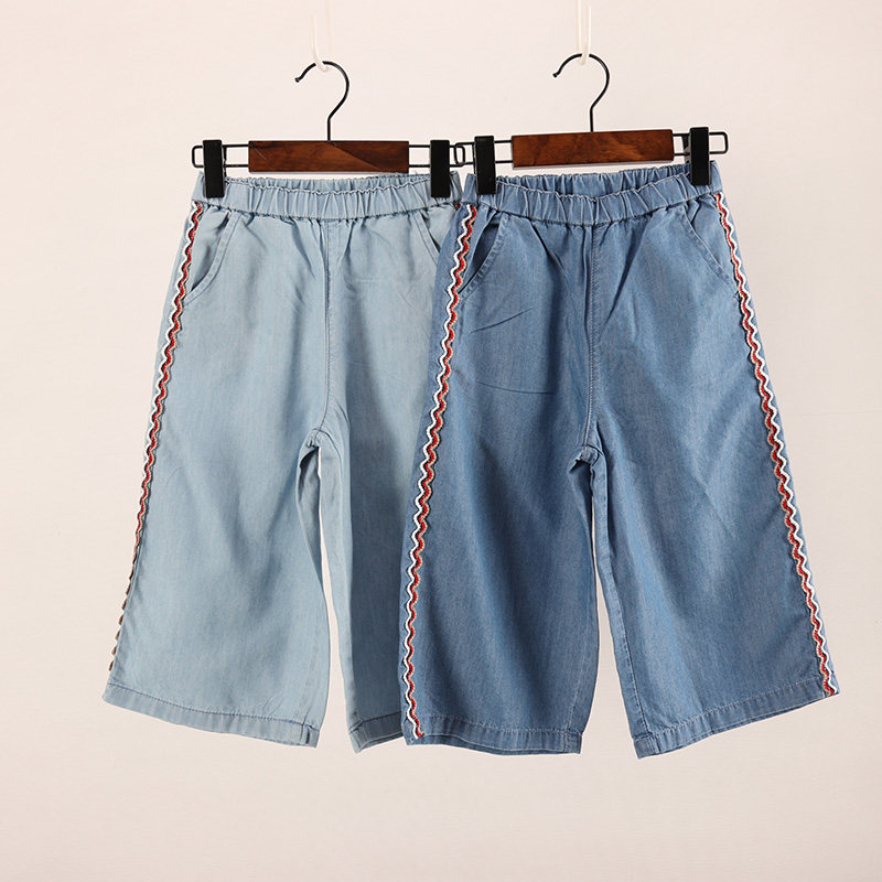 剪标夏季新品 女童侧边织带薄款天丝牛仔宽松版九分裤   DD