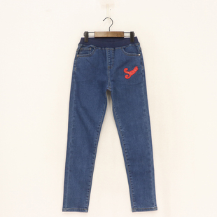 B春秋款童装   女童松紧腰左侧红字母布贴弹力小脚牛仔裤   D1o