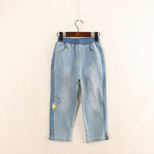 内销春秋款童装 女童修身小羊图案裤脚左右开叉弹力九分牛仔裤 93