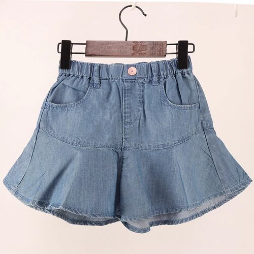 B夏季新品童装 女童浅蓝类裙花边宽松版天丝牛仔短裤DD