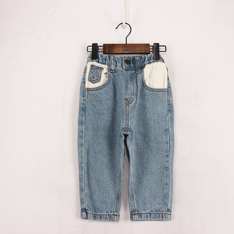 男女童米白拼色口袋百搭牛仔裤