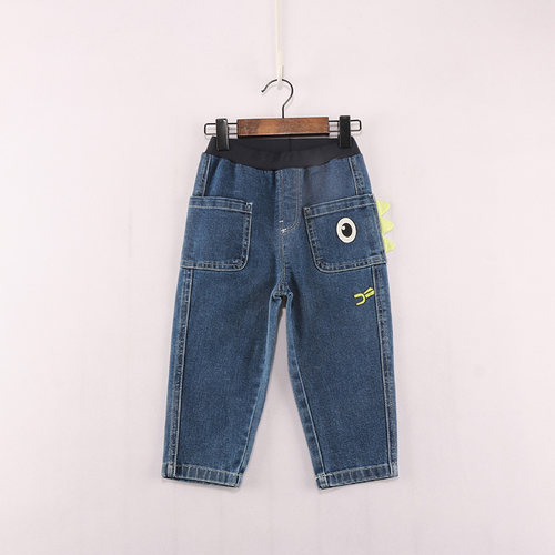 左侧方口袋黄色立体三角牛仔裤