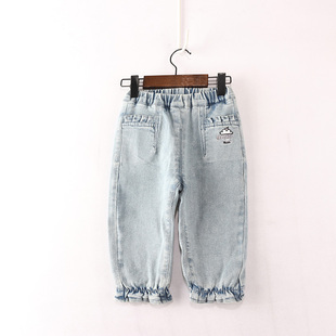 内销冬款童装   女童口袋粉字母白云束口加绒九分牛仔裤   8E-54